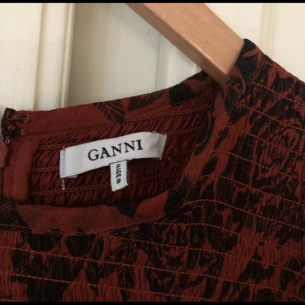 Ganni Revolve Beaumont Rust Black Smocked Dress - Picture 3 of 8